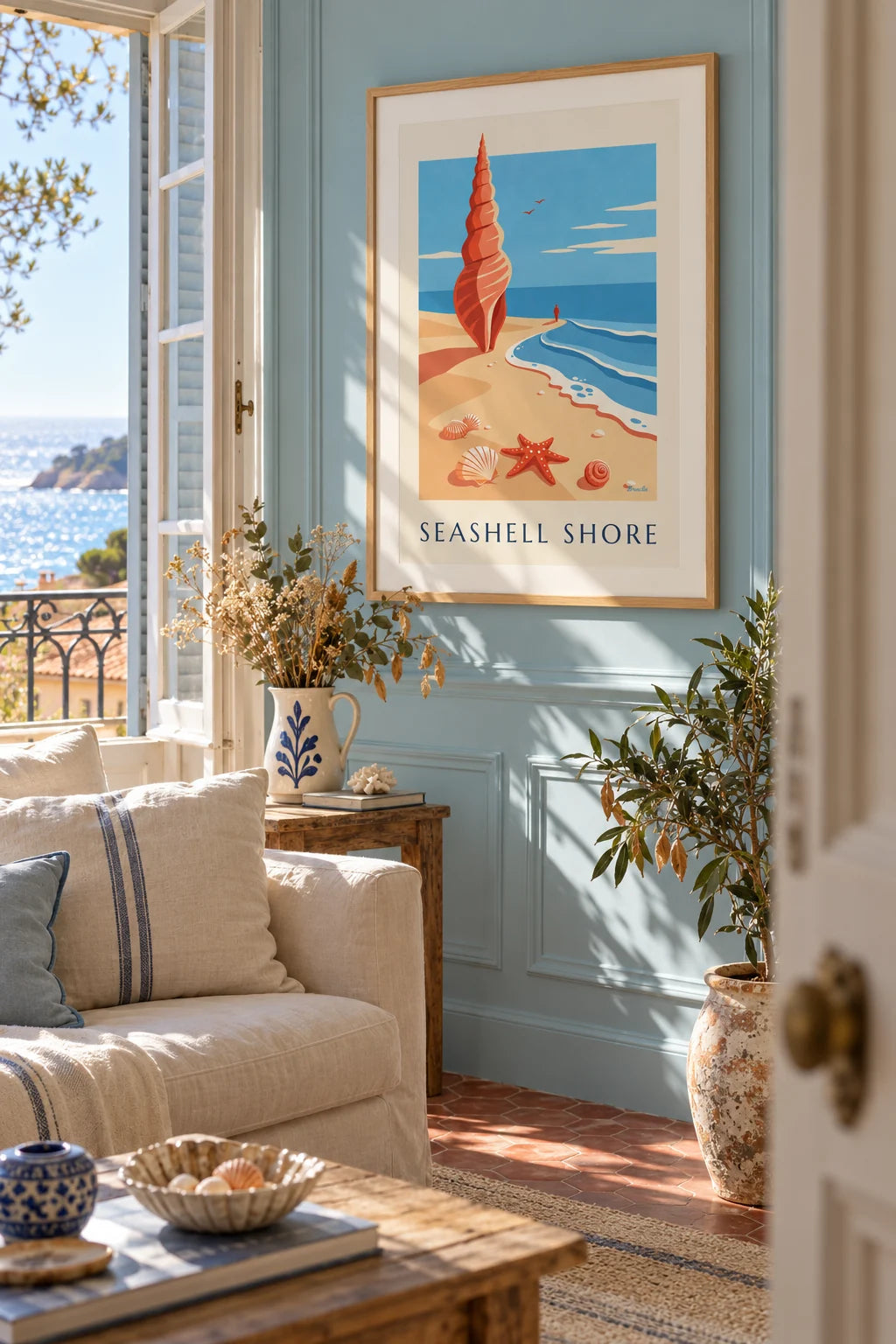 Mise en situation de Affiche étoile de mer et coquillages sur le sable