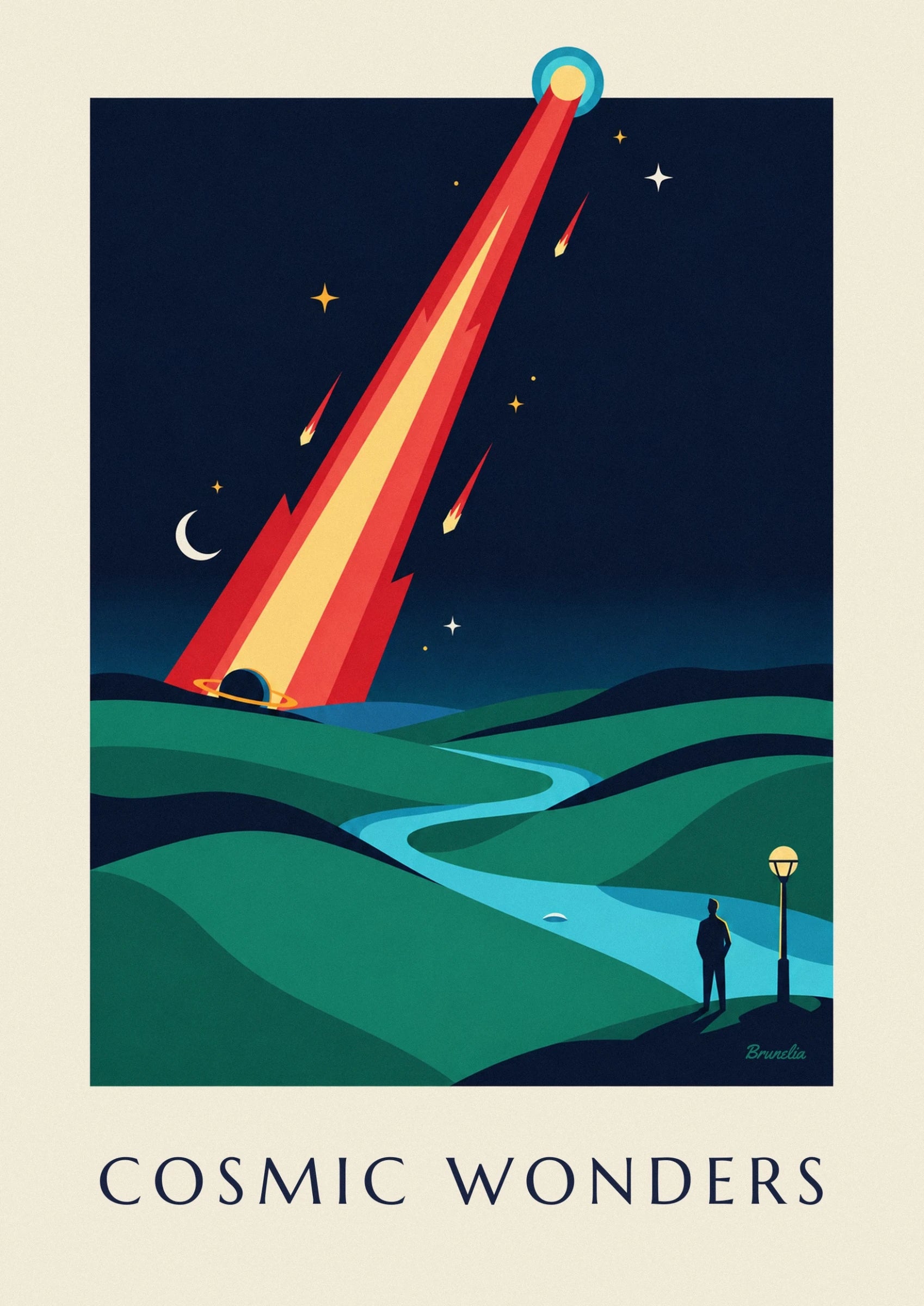 Une traînée rouge et jaune parmi les météorites et les étoiles du ciel bleu nuit