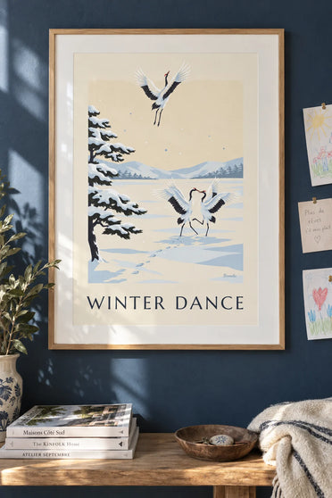Poster of Japanese cranes dancing in the snow: framed on the wall