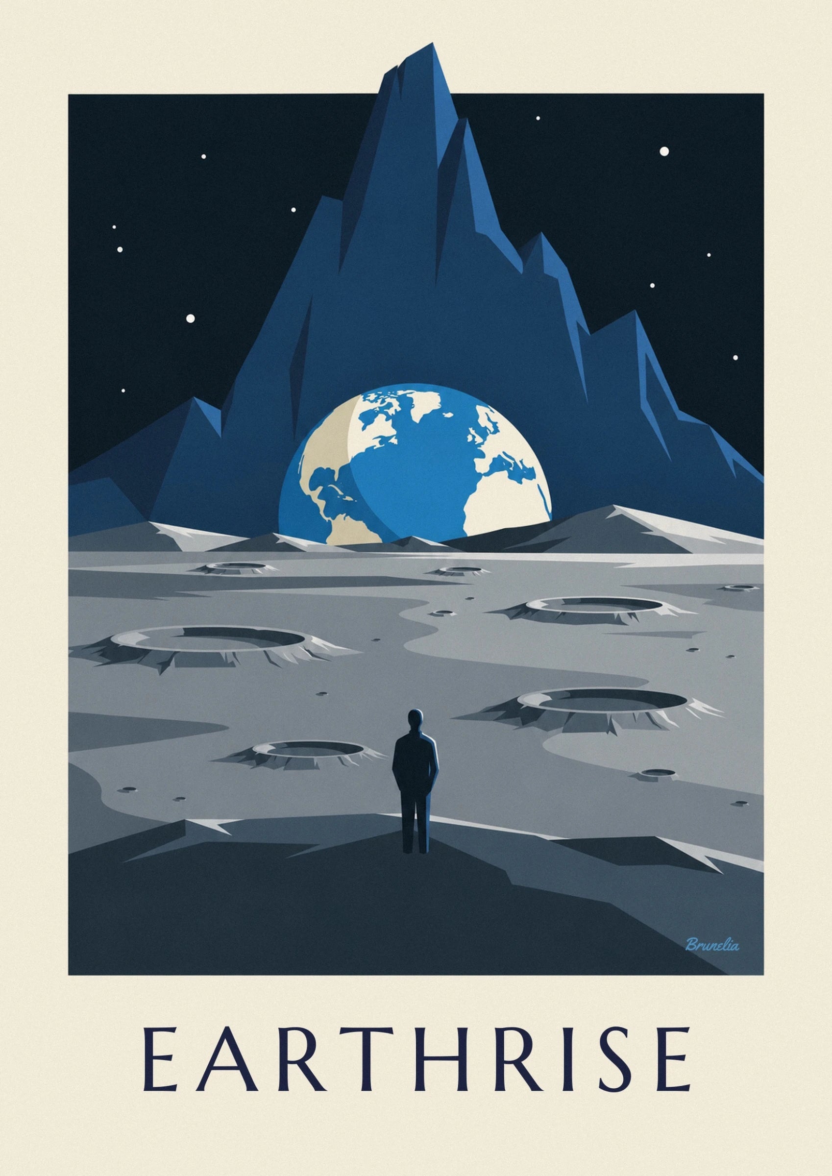 La Terre bleue et crème à l’horizon, au-dessus du sol lunaire gris et cratérisé
