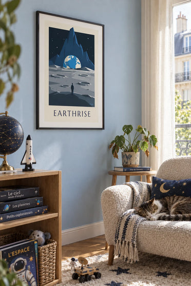 Poster of Moon craters and Earth on the horizon: framed on the wall