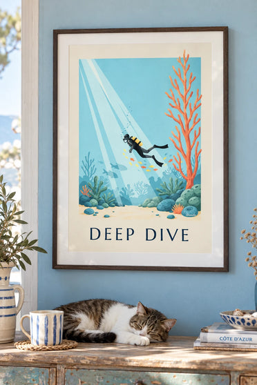 Affiche plongeur sous-marin parmi les coraux et poissons : encadrée au mur