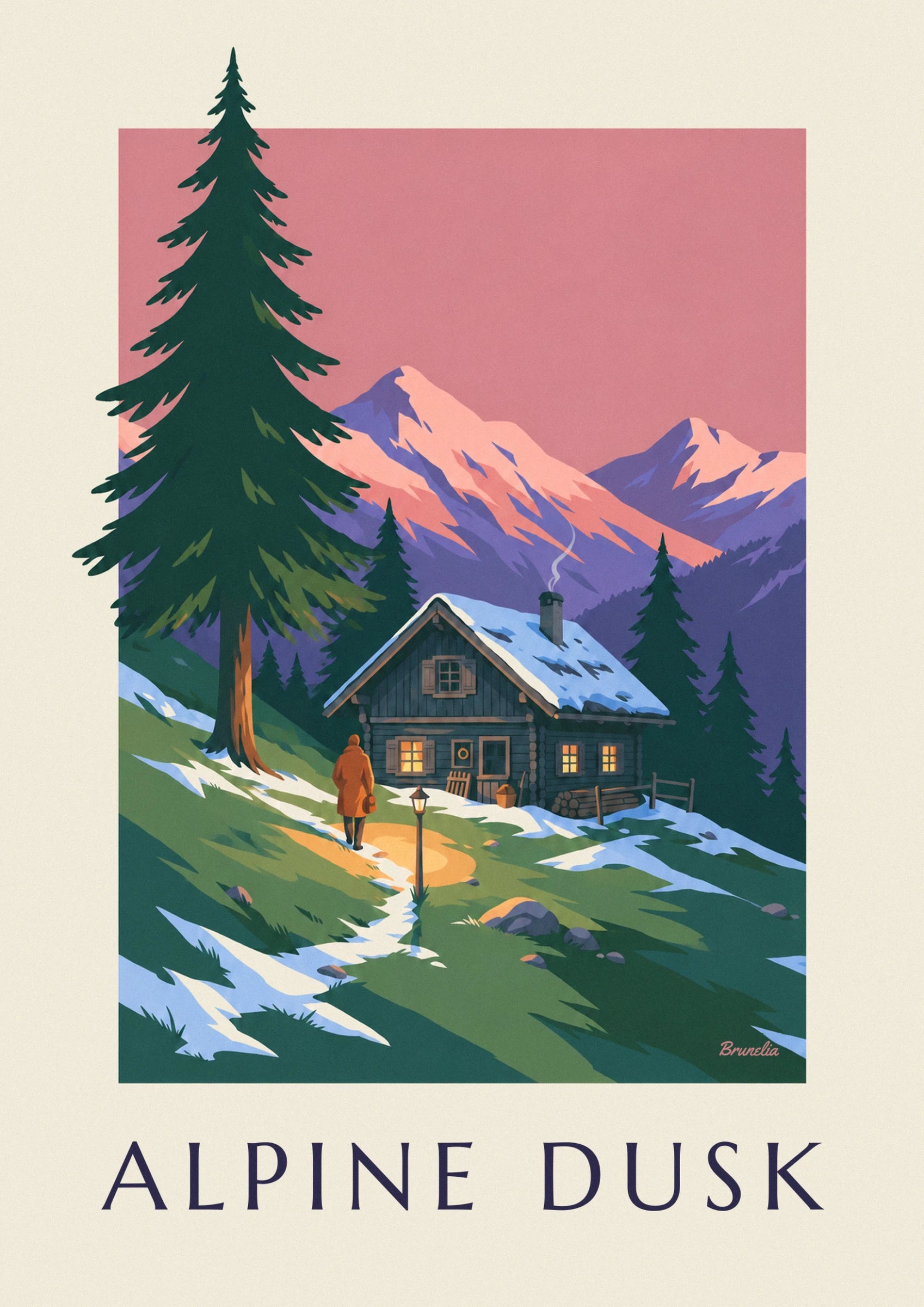 Le chalet en rondins aux fenêtres allumées, toit enneigé et fumée sous les pics violets