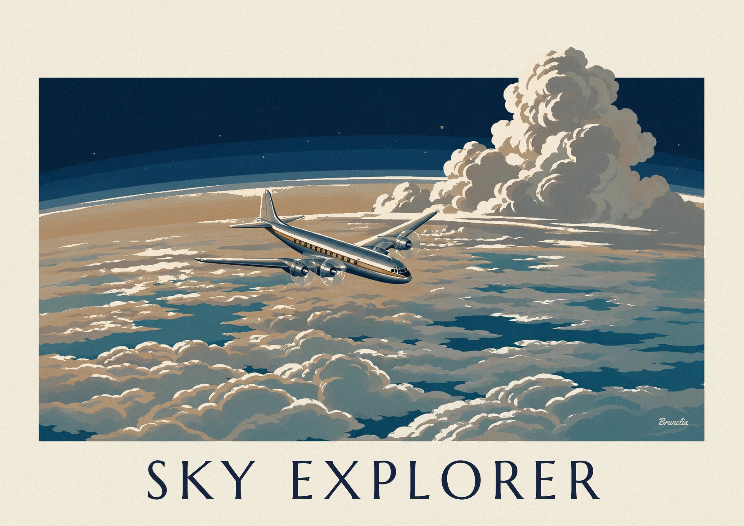 Poster passagiersvliegtuig boven een wolkenzee: detail in close-up