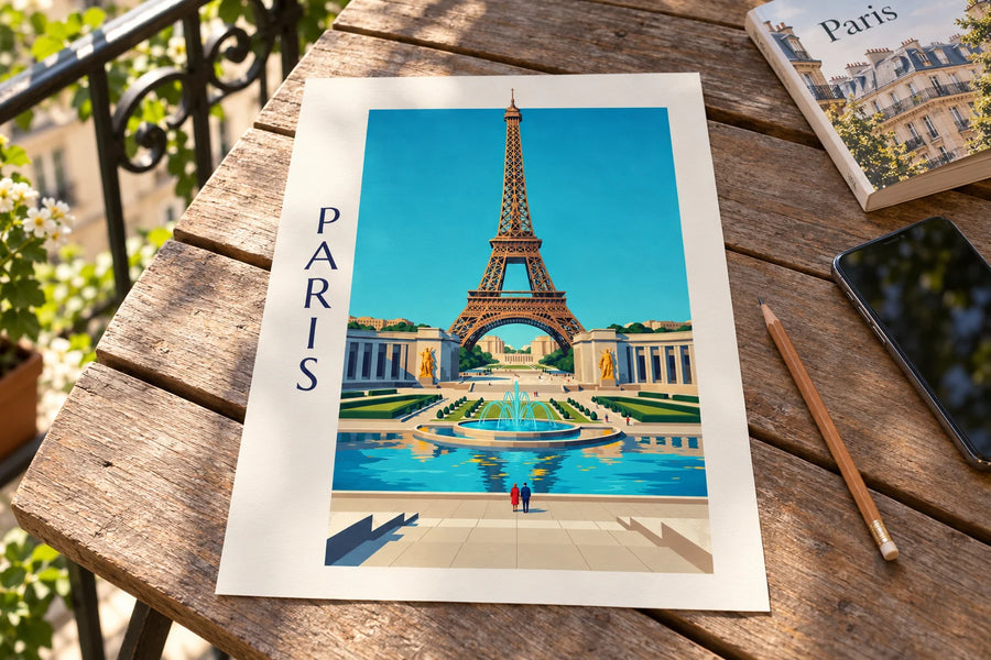 Poster Palais de Chaillot en fonteinen van het Trocadéro in Parijs: op een tafel