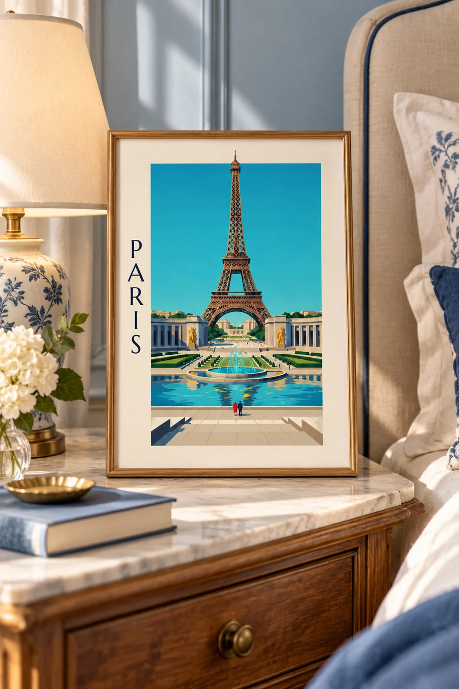 Poster Palais de Chaillot en fonteinen van het Trocadéro in Parijs: klein formaat A4 ingelijst