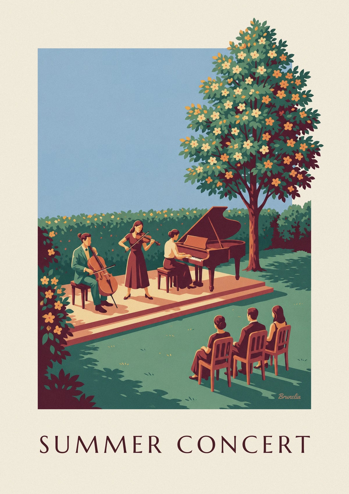 Poster klassiek trio tijdens een zomerconcert in de open lucht