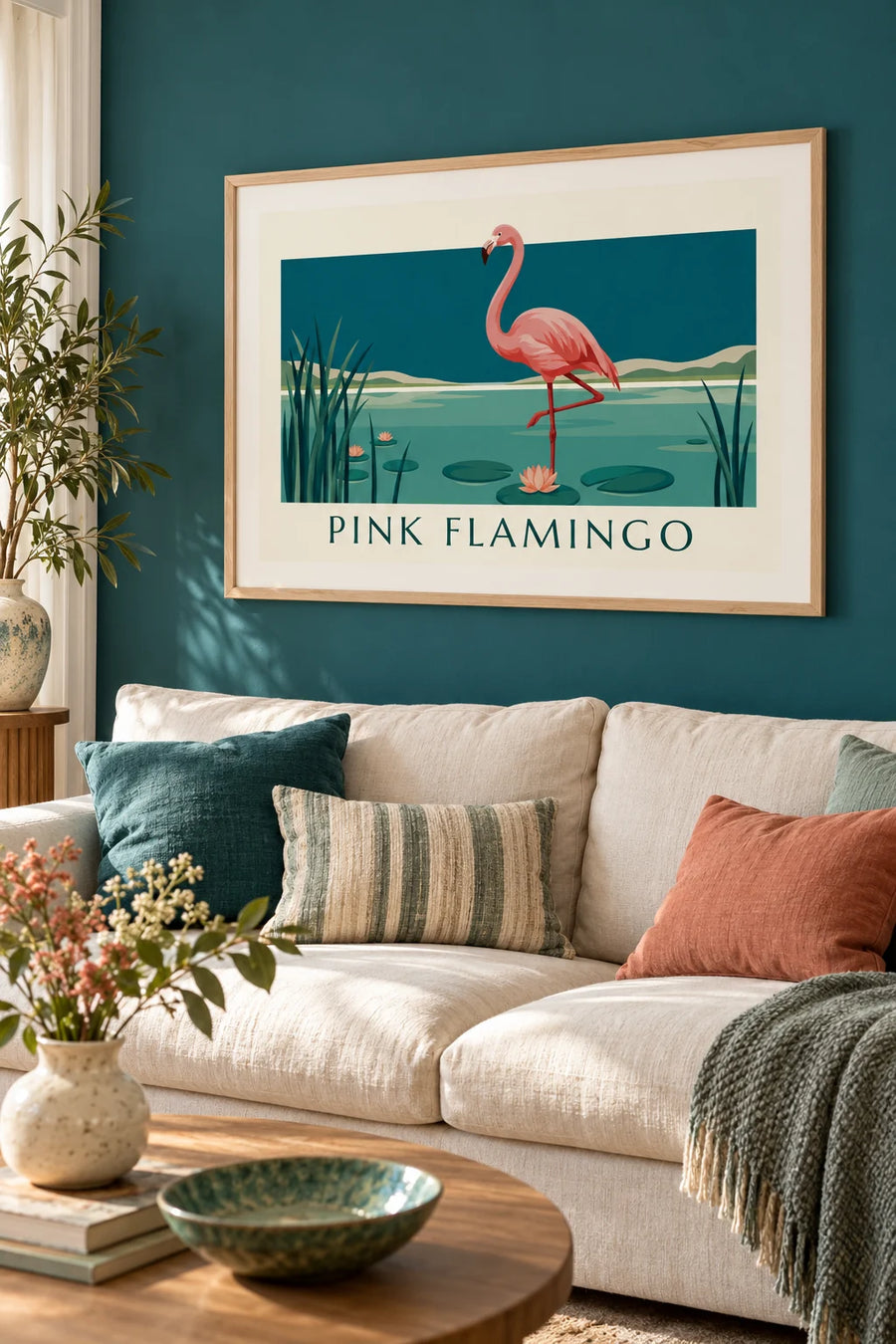 Affiche flamant rose sur une patte parmi les nénuphars : encadrée au mur
