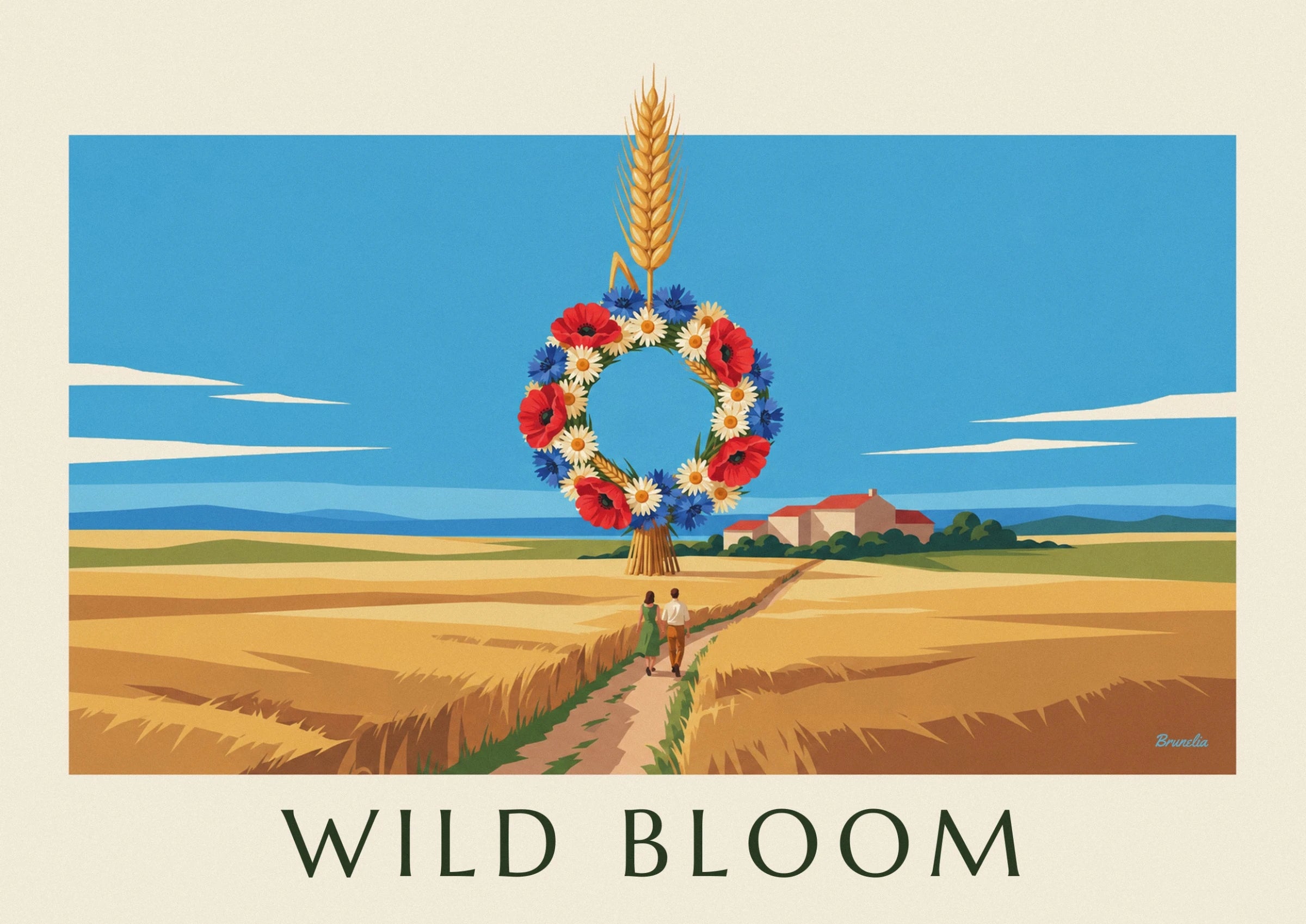 La couronne de coquelicots, marguerites et bleuets, nouée à sa gerbe de blé
