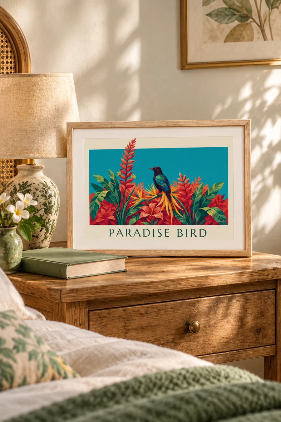 Poster paradijsvogel tussen tropische bloemen: klein formaat A4 ingelijst