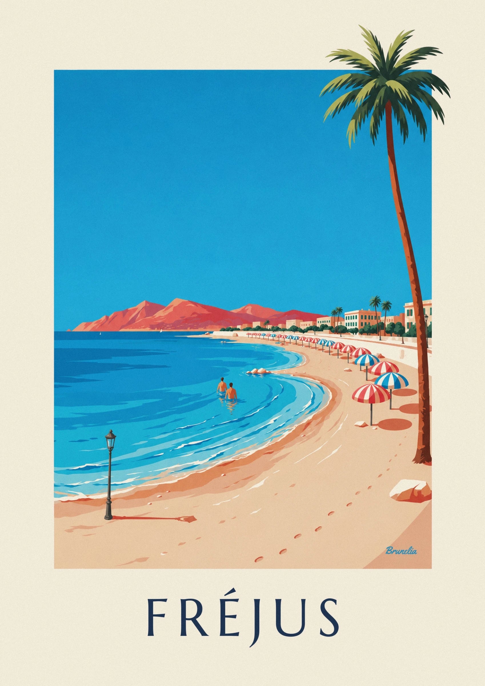 Red and blue parasols on the sand, in front of the façades and palm trees of Fréjus