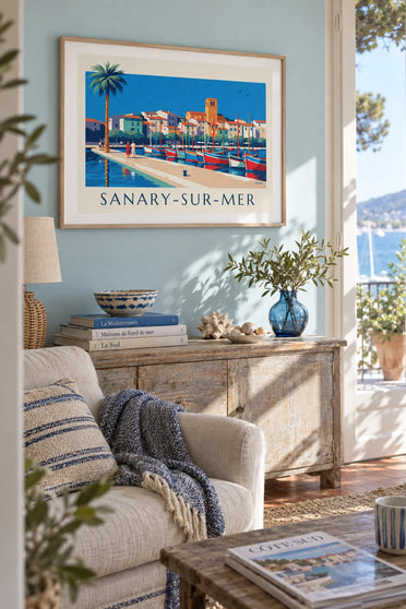 Poster of colorful pointus boats in the port of Sanary-sur-Mer: framed on the wall