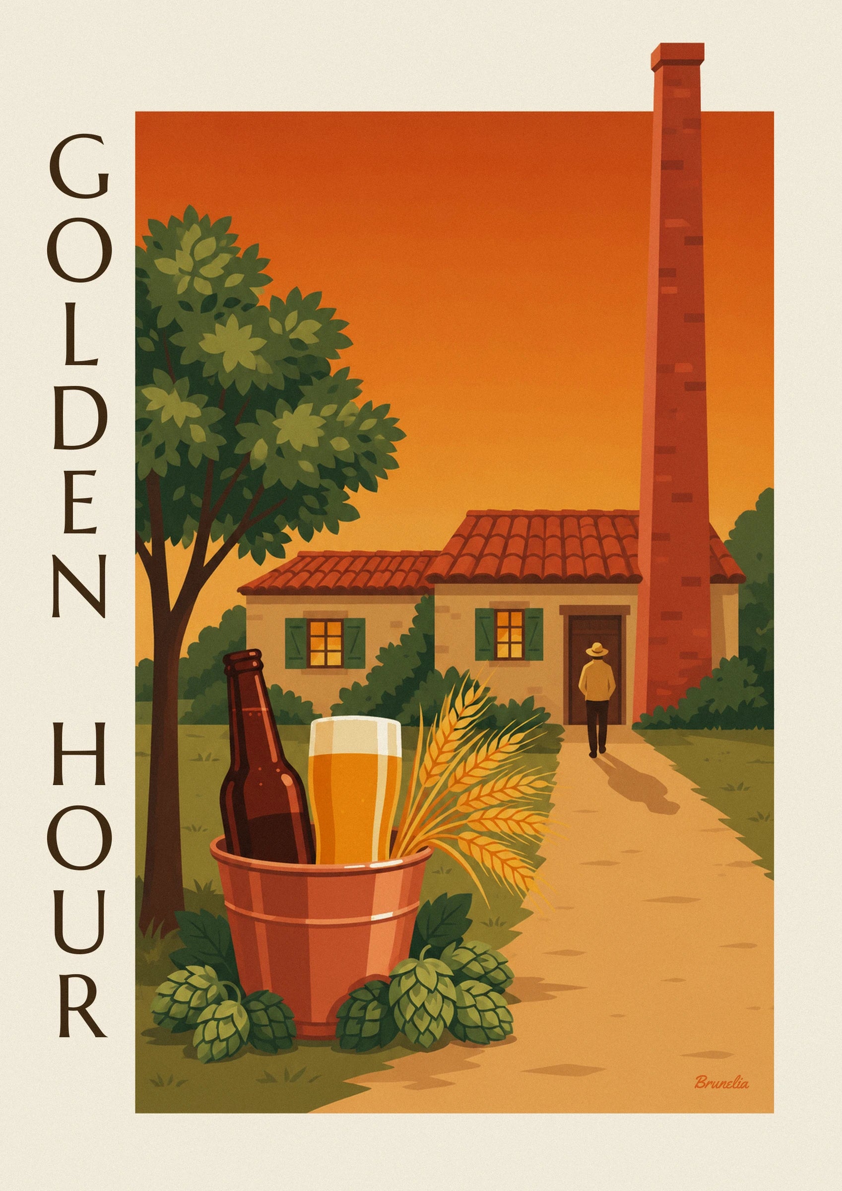 A brown bottle and a glass of golden beer in a copper bucket, between ears of wheat and hop cones