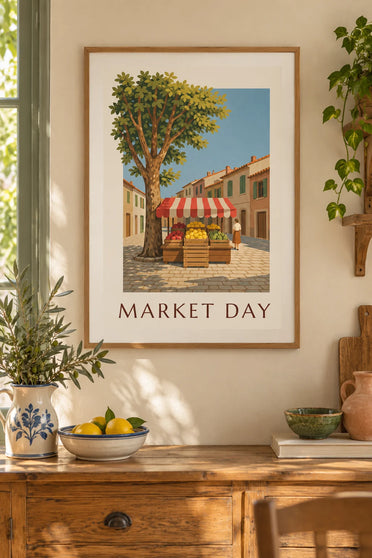 Poster krat citroenen op een marktkraam : ingelijst aan de muur