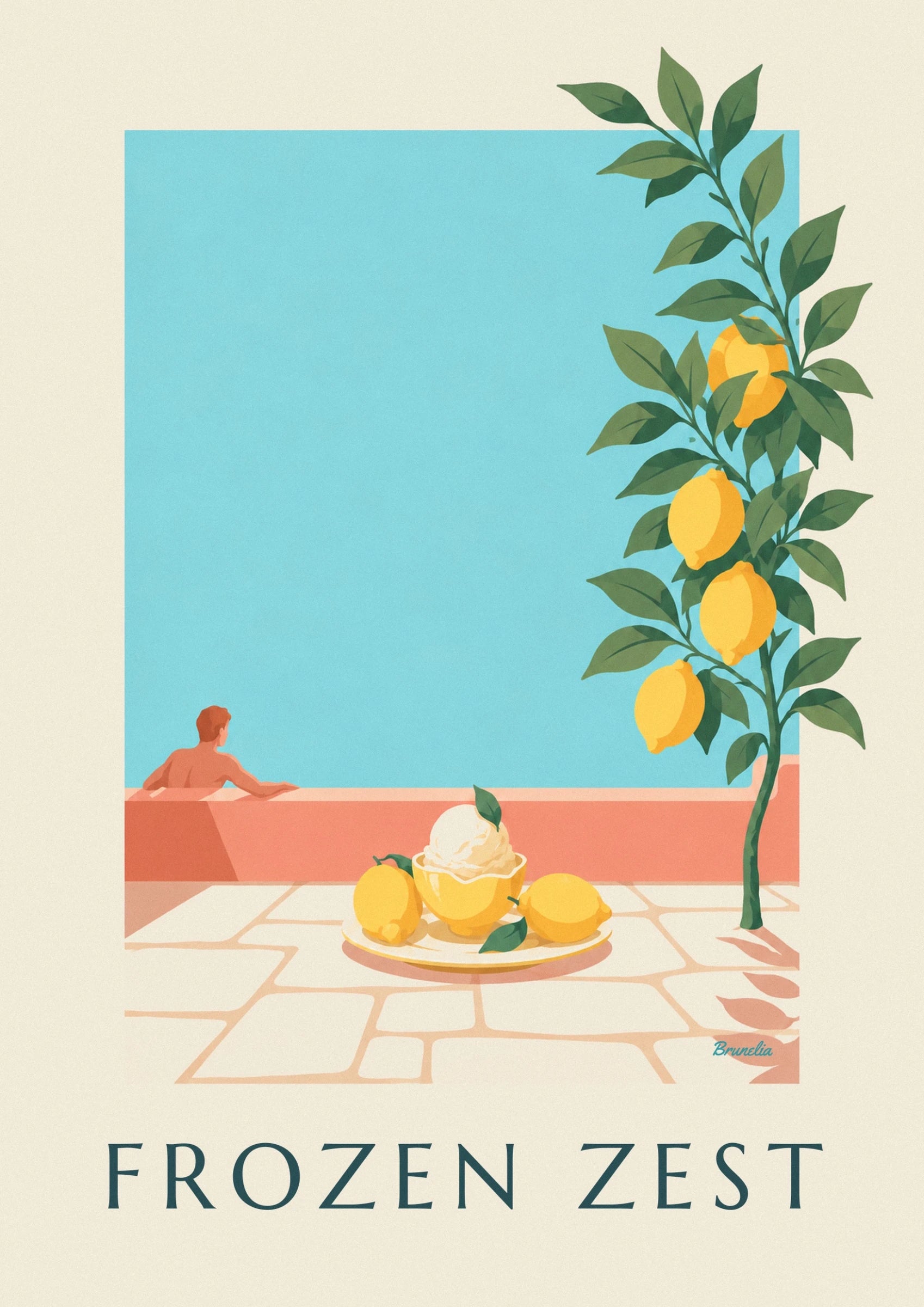 De sorbet in zijn citroenschil, omringd door 2 citroenen op een bord