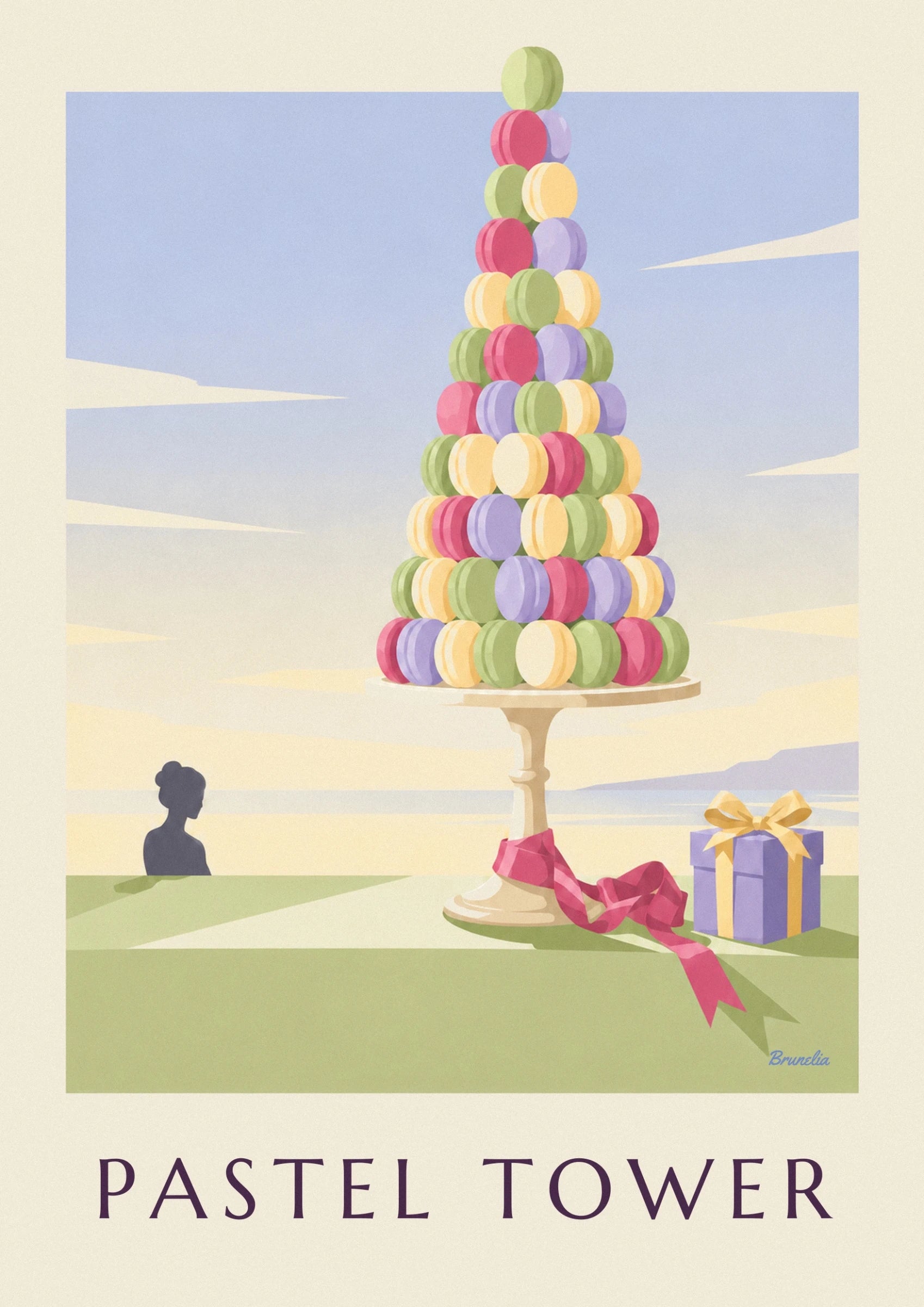 La pyramide de macarons roses, jaunes, verts et mauves sur fond bleu pâle