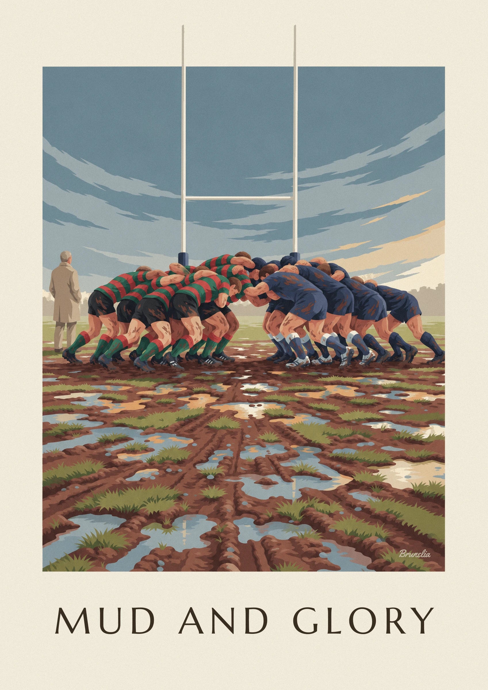 Poster rugbyscrum in de modder onder een regenachtige lucht: detail in close-up