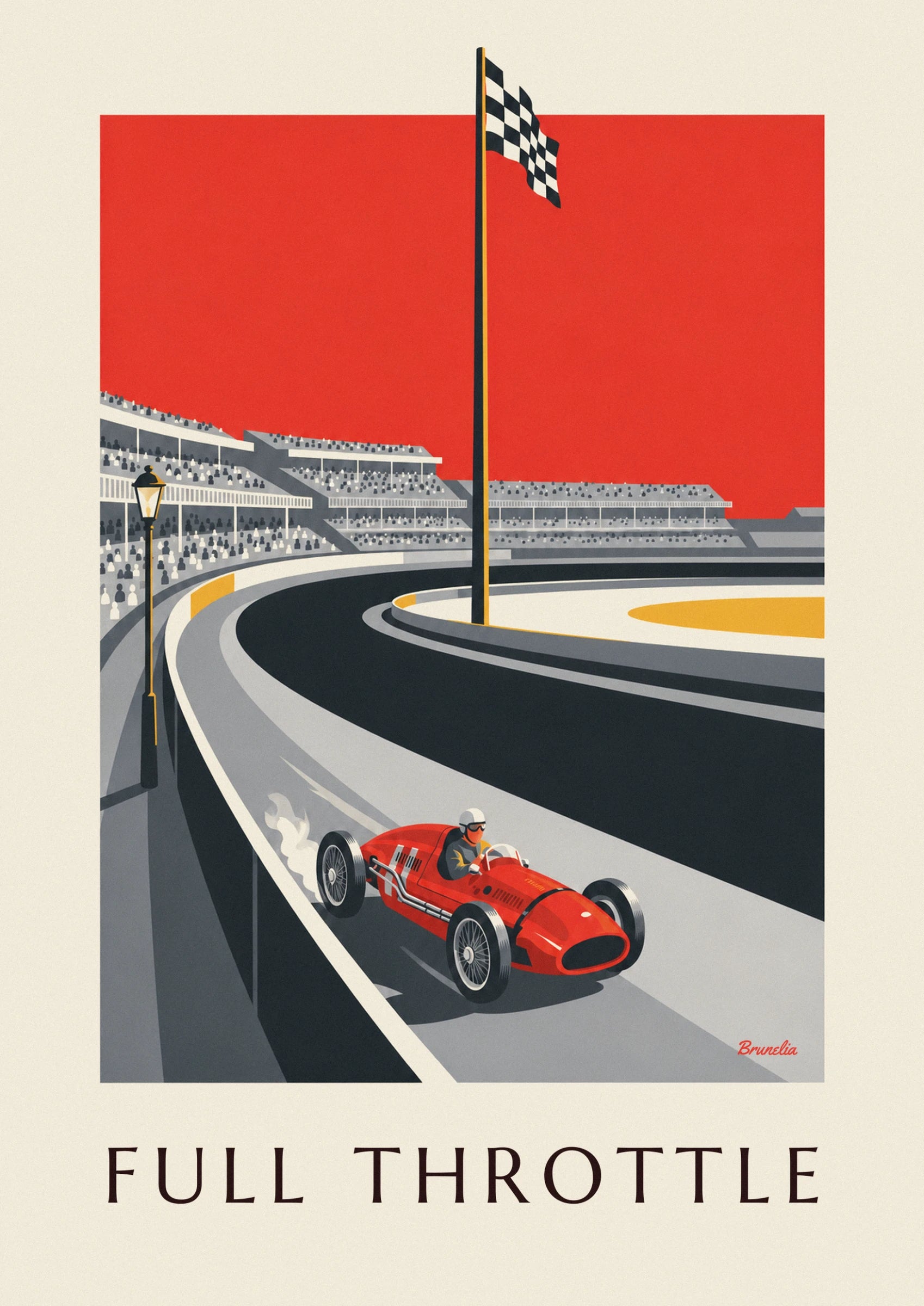 Een rode racewagen met spaakwielen en de coureur met helm, die op volle snelheid de bocht in gaat op het grijze circuit