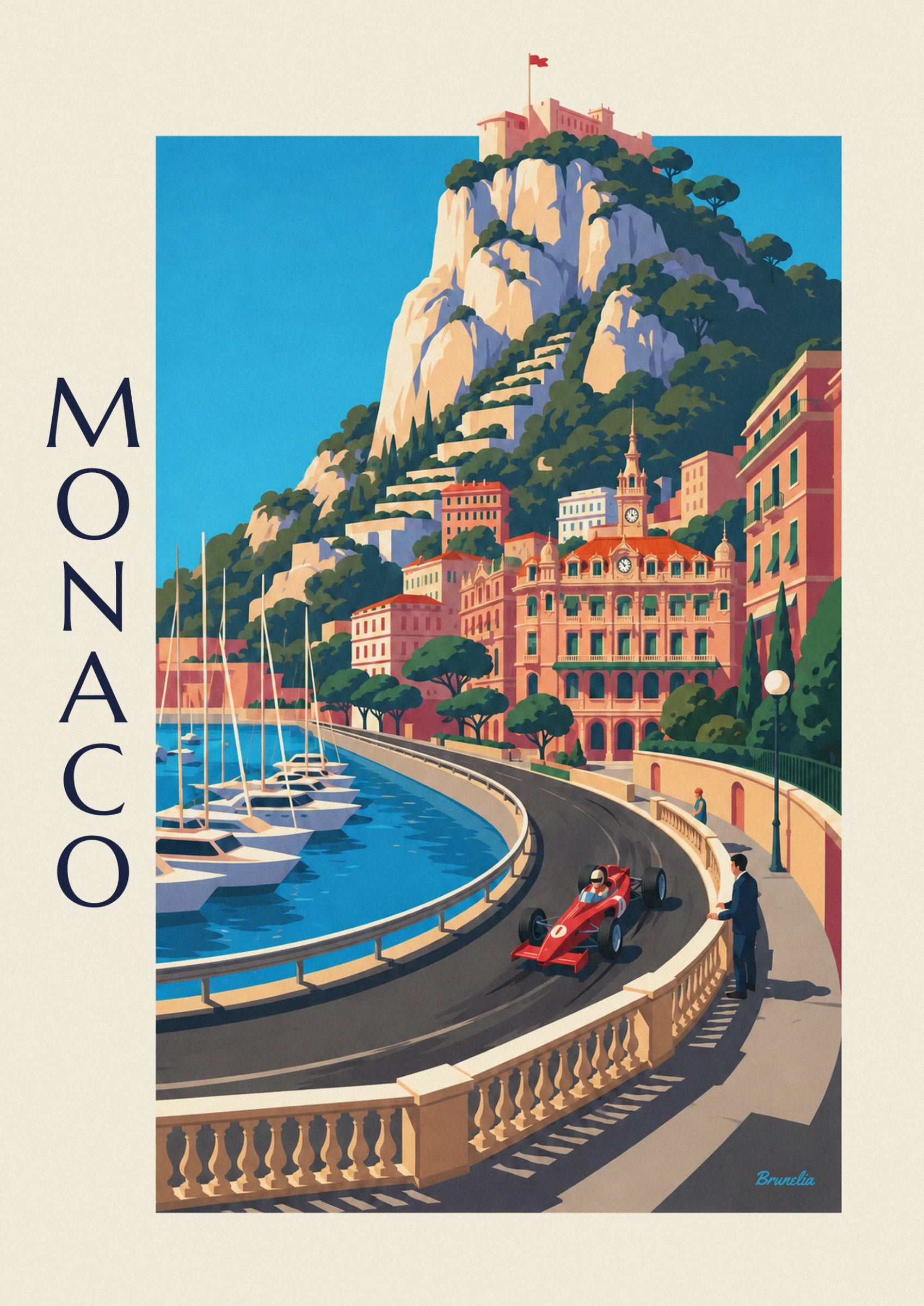 Monoplace rouge n°1 dans le virage, un homme en costume bleu sur la balustrade