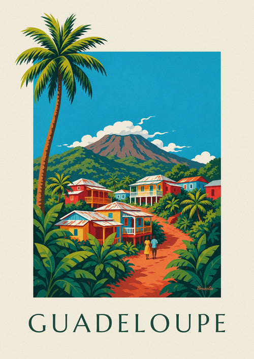 Poster van Creoolse huizen en de vulkaan La Soufrière op Guadeloupe: de hele poster