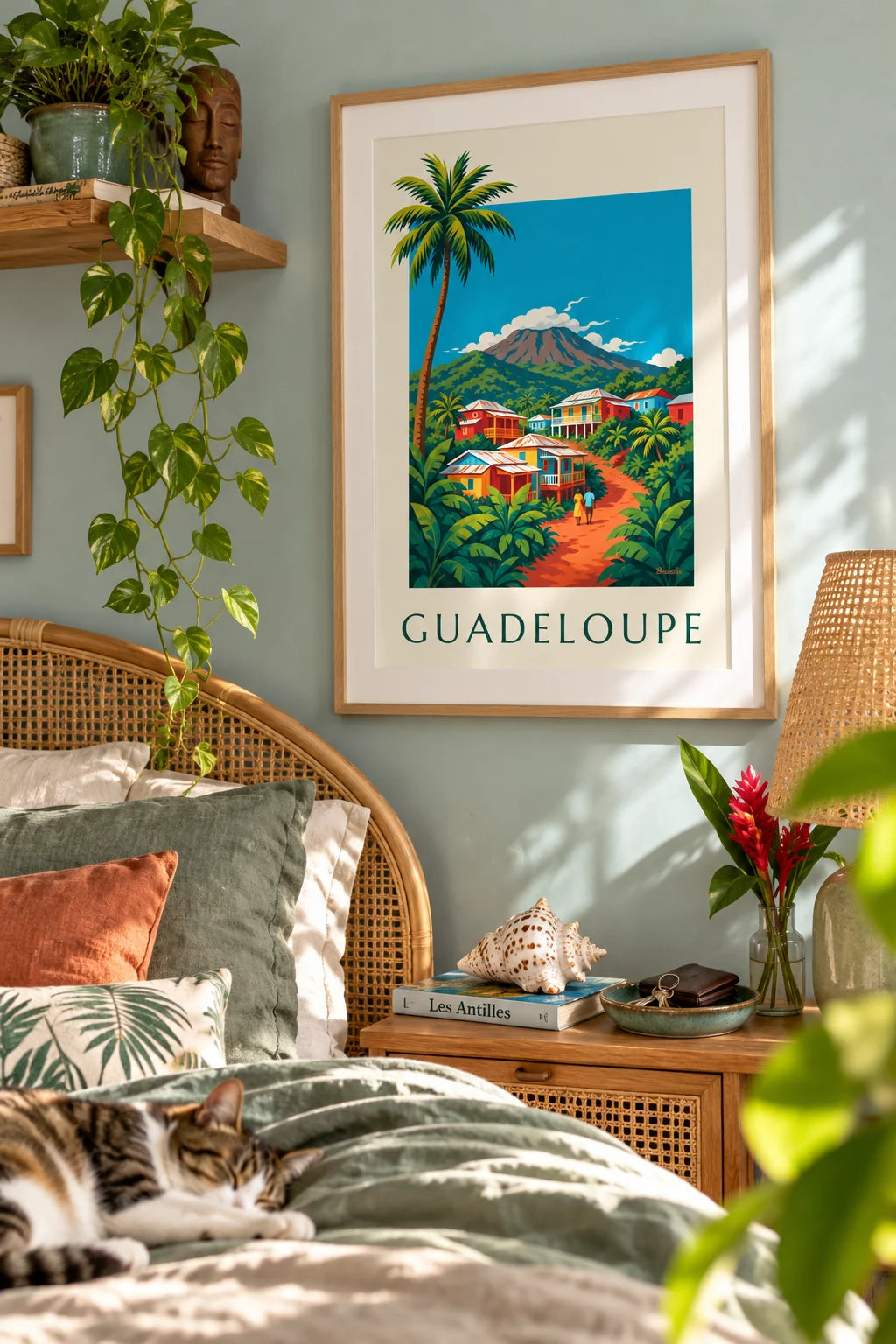 Poster Creoolse huizen en vulkaan La Soufrière op Guadeloupe: ingelijst aan de muur
