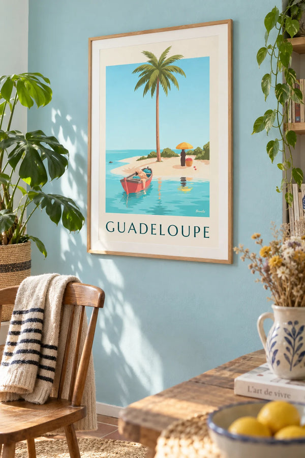 Affiche lagon de Bois Jolan et cocotier à Sainte-Anne en Guadeloupe