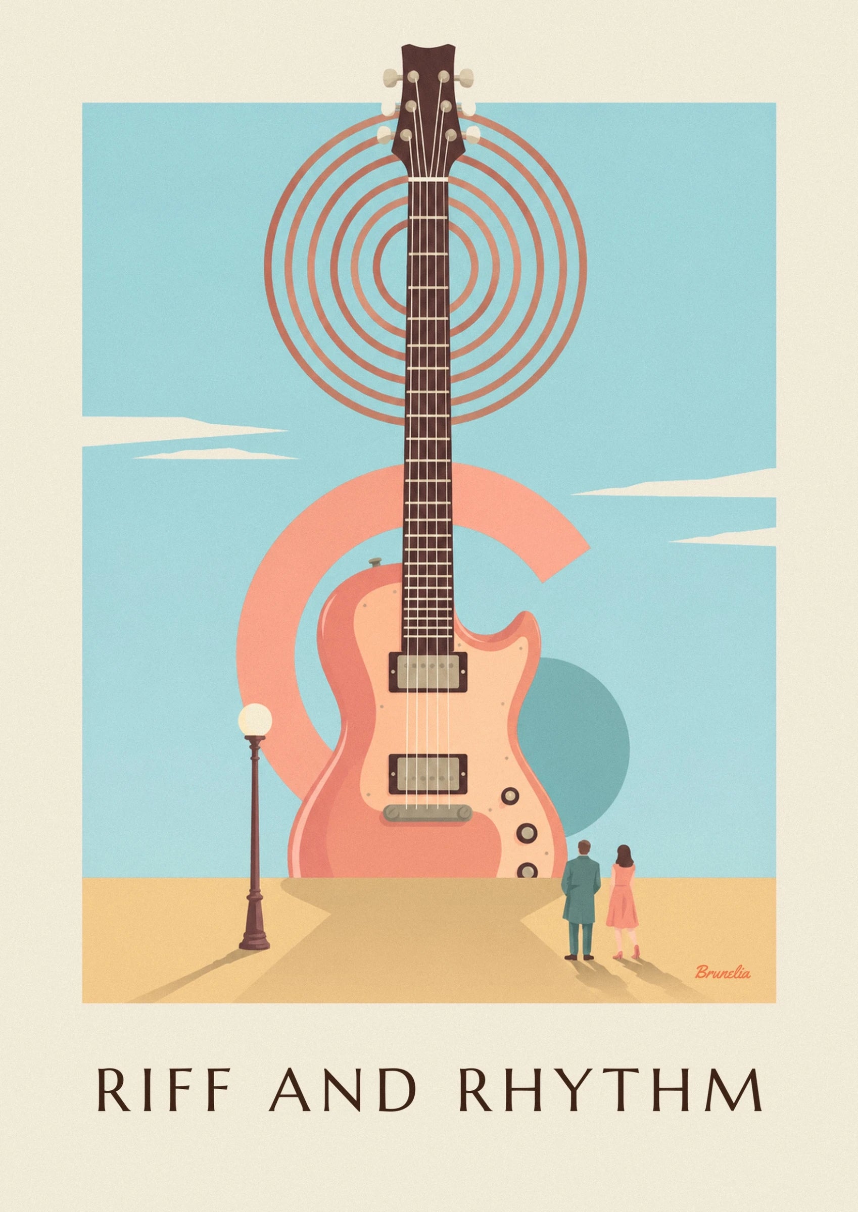The coral body of the electric guitar, its 2 pickups and cream scratchplate
