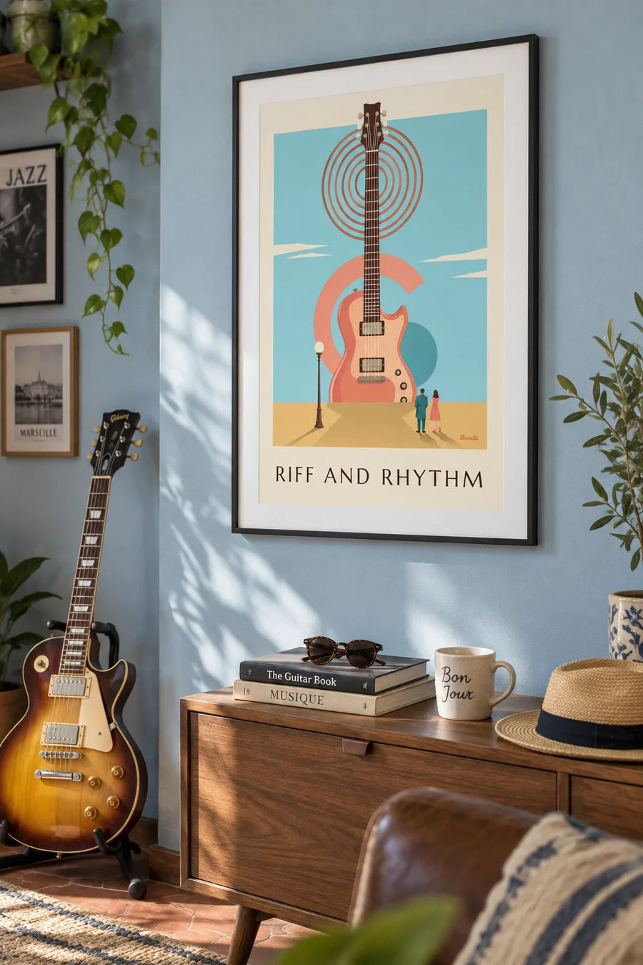 Poster of an electric guitar and geometric shapes: framed on the wall