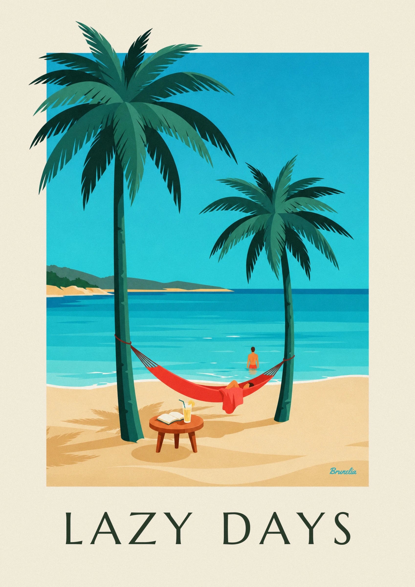 The red hammock facing the turquoise sea, near the open book and glass on the table