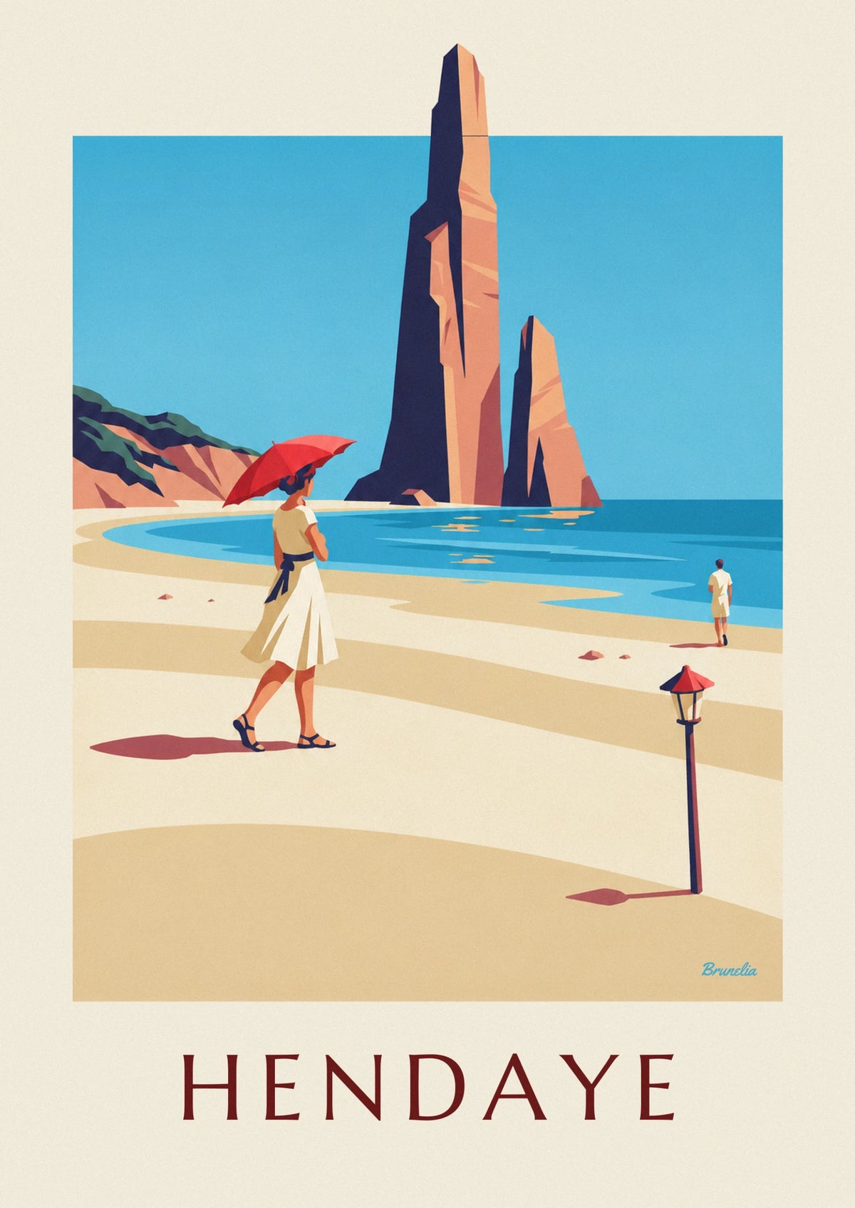 Affiche femme à l'ombrelle rouge sur la plage d'Hendaye