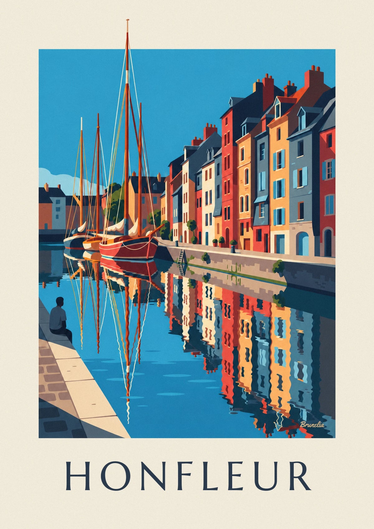 Affiche voiliers et façades colorées du Vieux Bassin de Honfleur