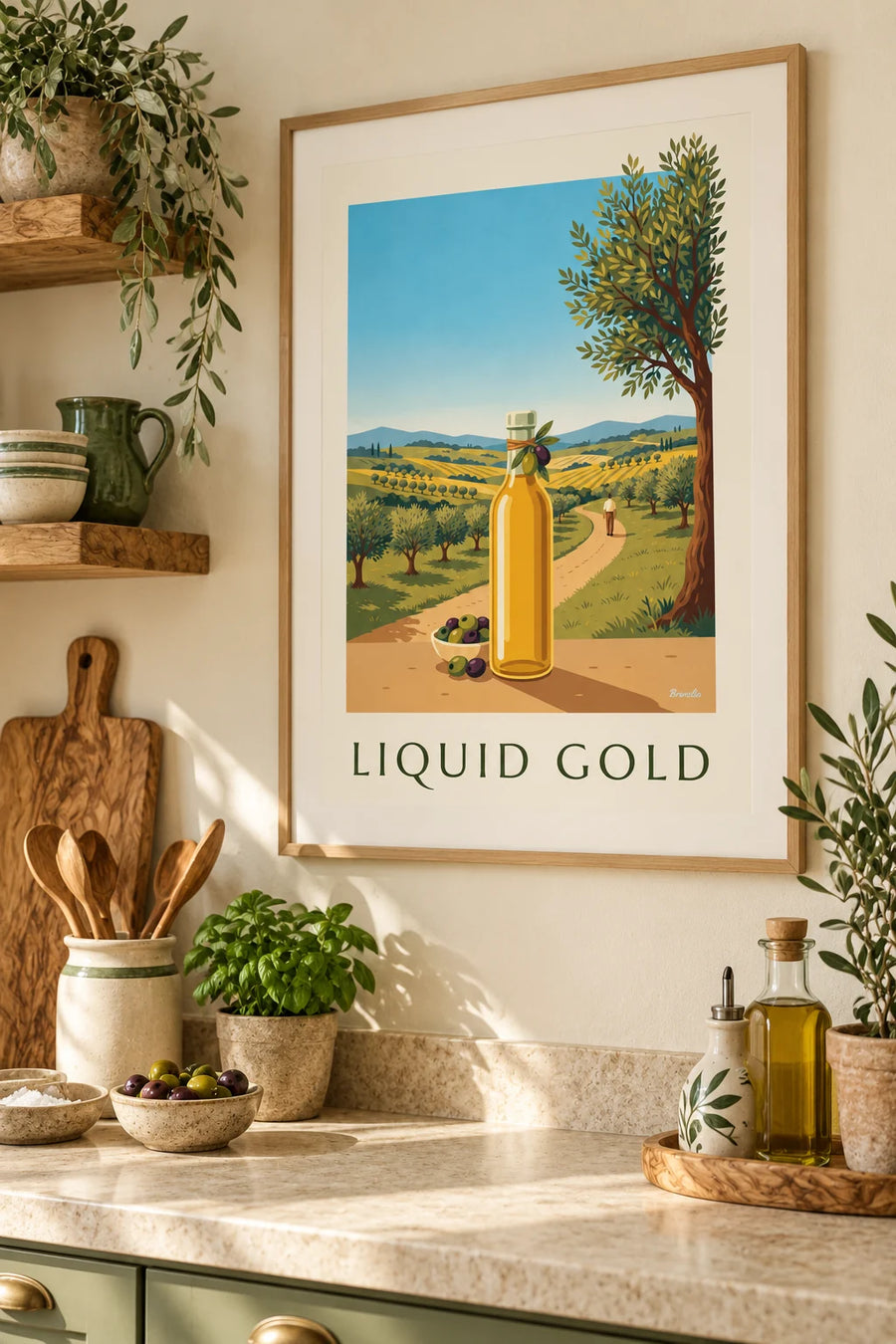 Affiche huile d'olive extra vierge et olives : encadrée au mur