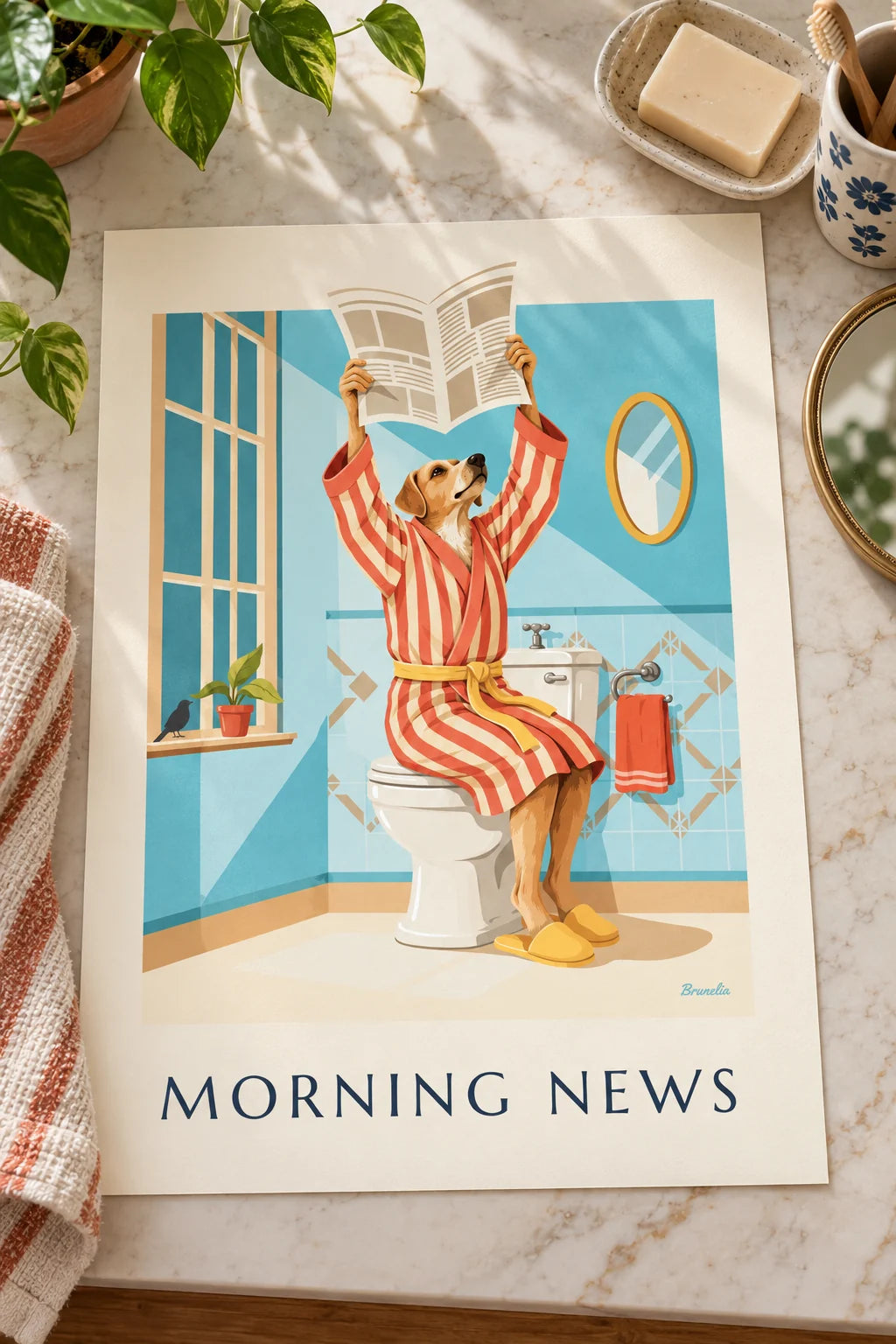 Toilet: sfeerbeeld van Poster hond in badjas die de krant leest op het toilet