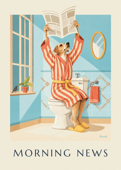 Poster van een hond in badjas die op het toilet de krant leest: de hele poster