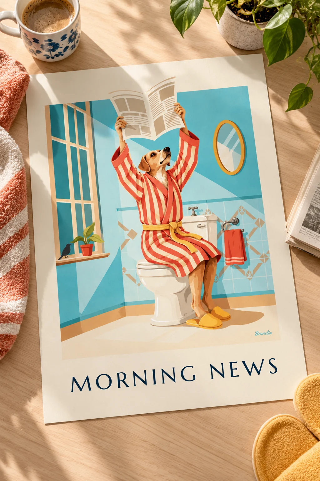 WC : mise en situation de Affiche chien en peignoir lisant le journal aux toilettes