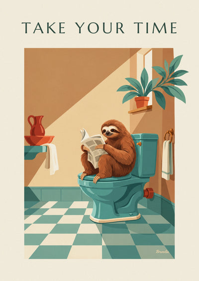 Humoristische poster van een luiaard die op het toilet de krant leest: de hele poster