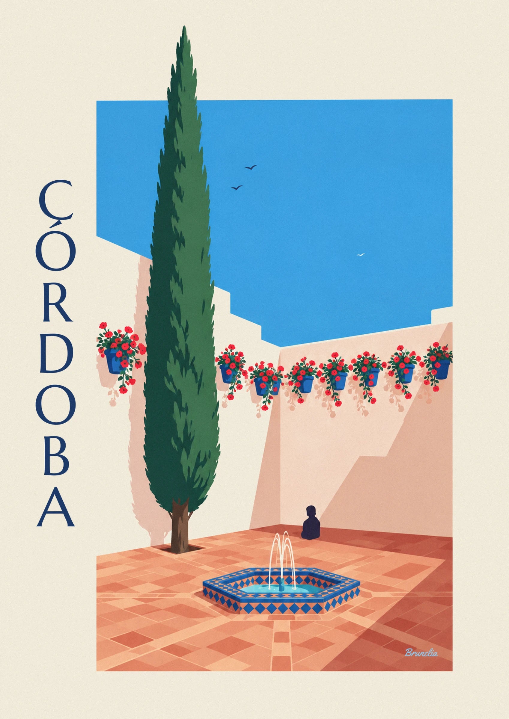 The hexagonal blue-tiled fountain with its 3 water jets, on terracotta paving