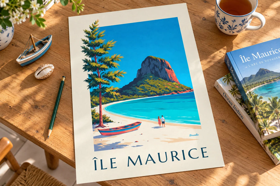 Poster Le Morne Brabant en lagune van Mauritius: op een tafel