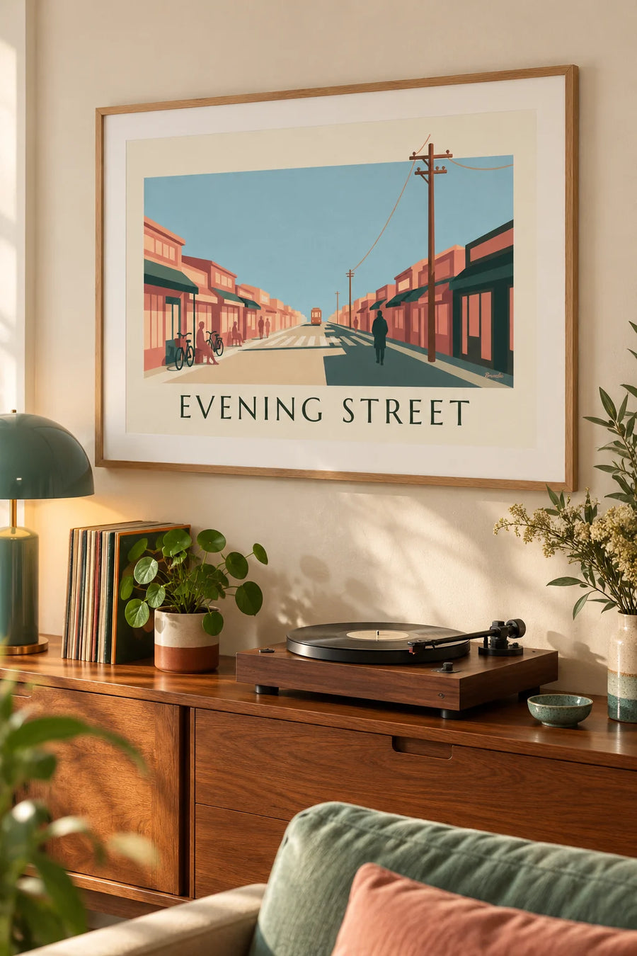 Poster van een Japanse winkelstraat bij zonsondergang: ingelijst aan de muur