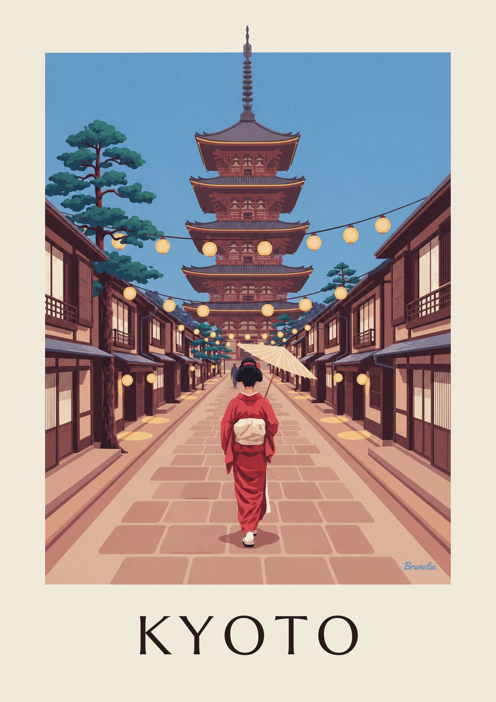 The geisha in a red kimono and cream obi, seen from behind with her open parasol in the cobbled street