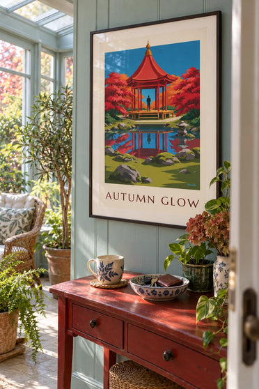 Poster rood paviljoen en herfstesdoorns in een Japanse tuin: ingelijst aan de muur
