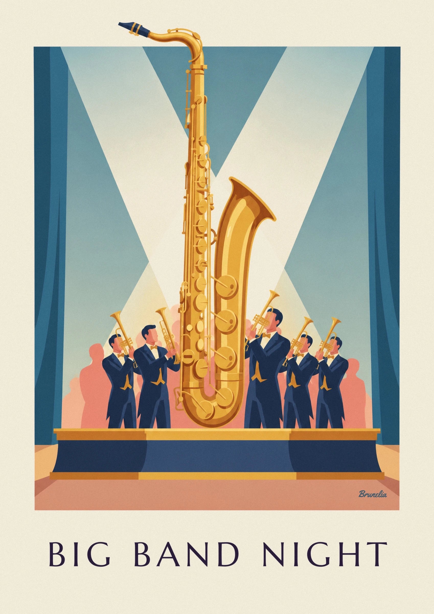 Les grandes clés du saxophone doré devant les trompettistes en costume bleu