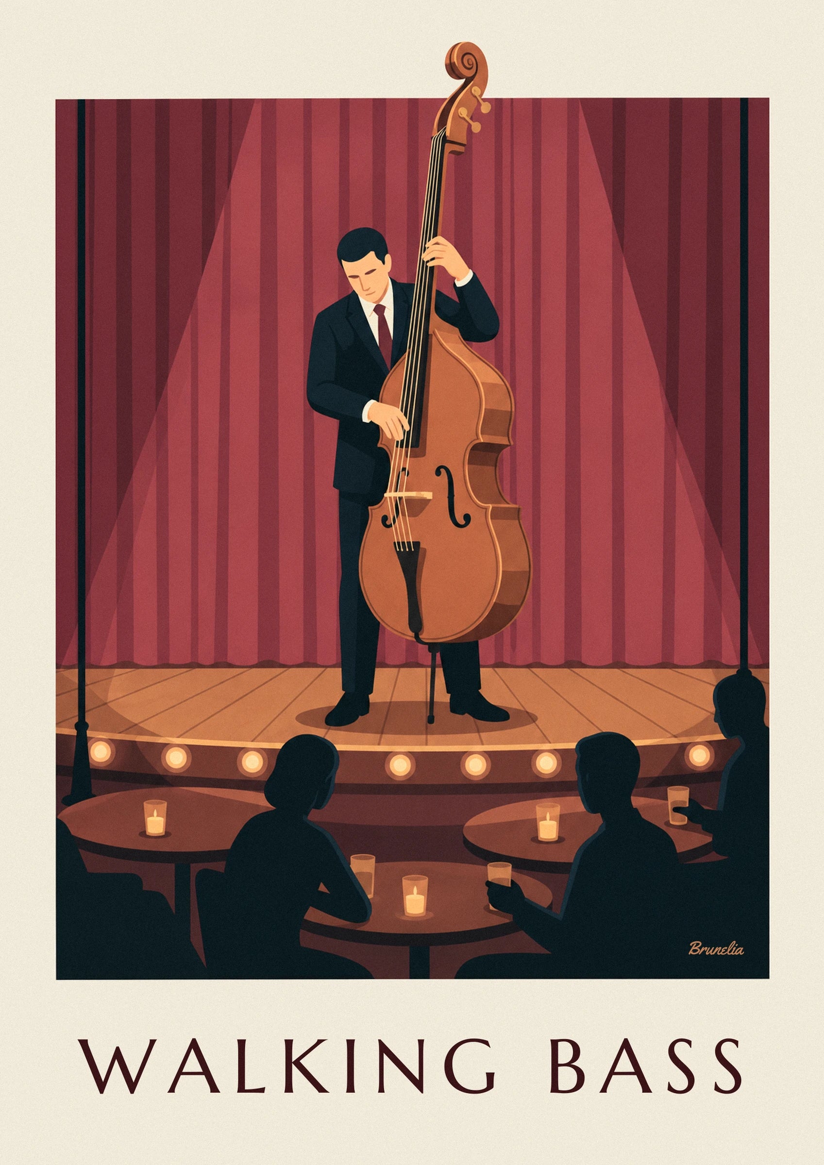De contrabassist in donker pak en bordeauxrode stropdas, voor het rode gordijn