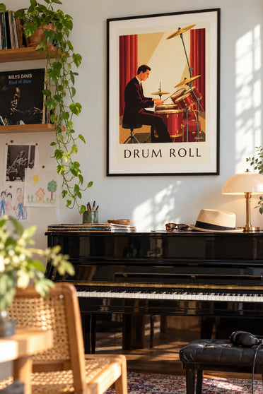 Jazz drummer in a suit behind his red drum kit poster: framed on the wall