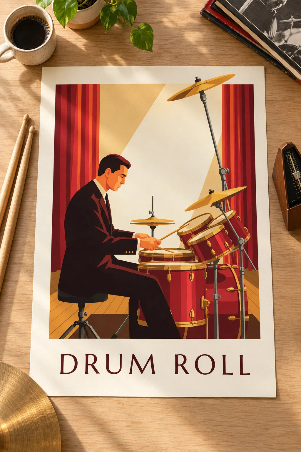 Woonkamer: sfeerbeeld van Poster jazzdrummer in pak achter zijn rode drumstel