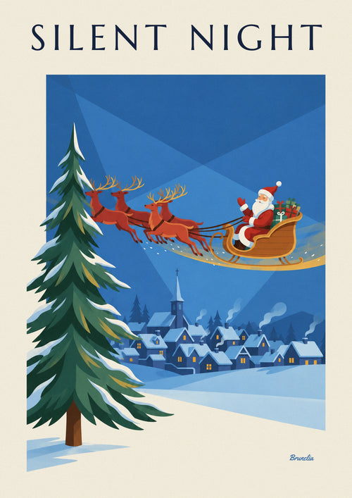 Santa Claus on his sleigh above a snowy village poster: the full poster