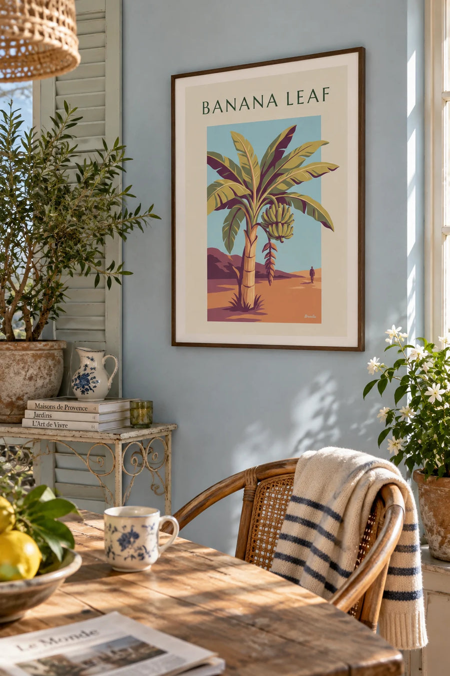 Poster of a botanical plate of the banana tree and its fruit: framed on the wall