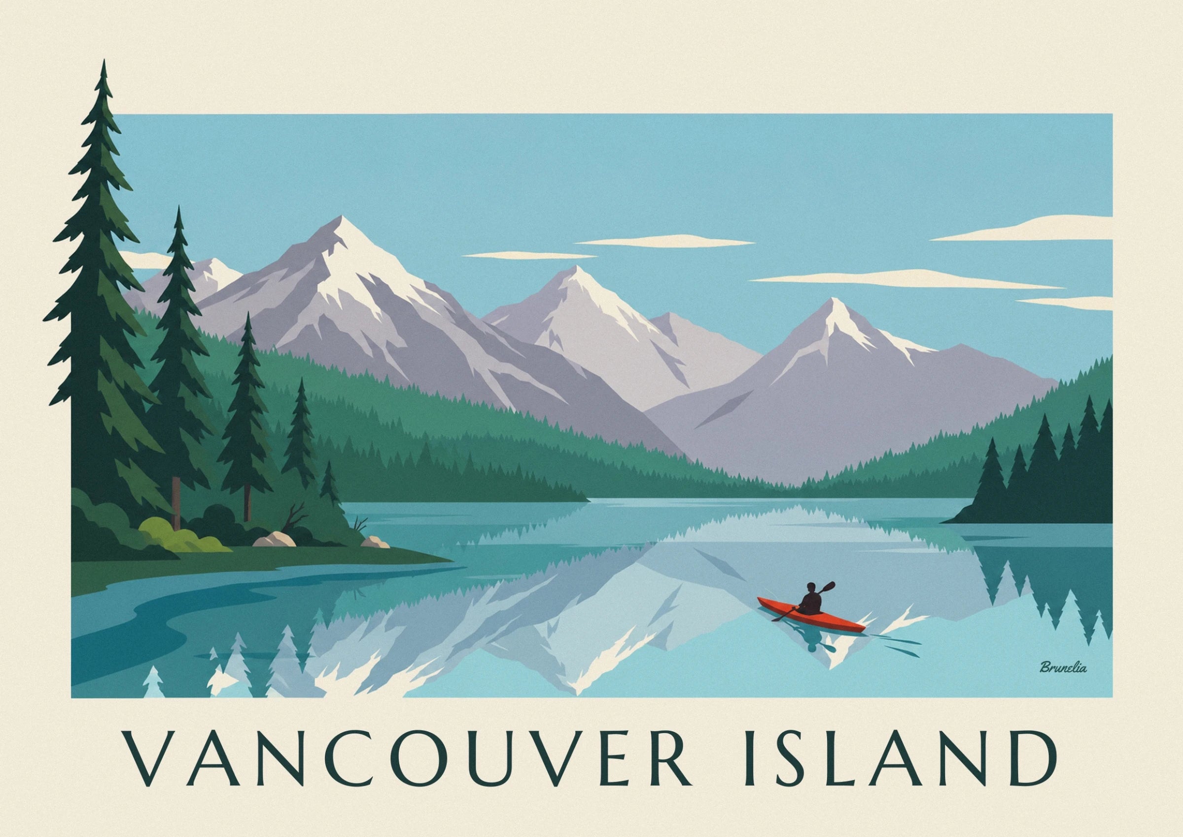 A kayaker in silhouette in a red kayak on the lake with turquoise reflections