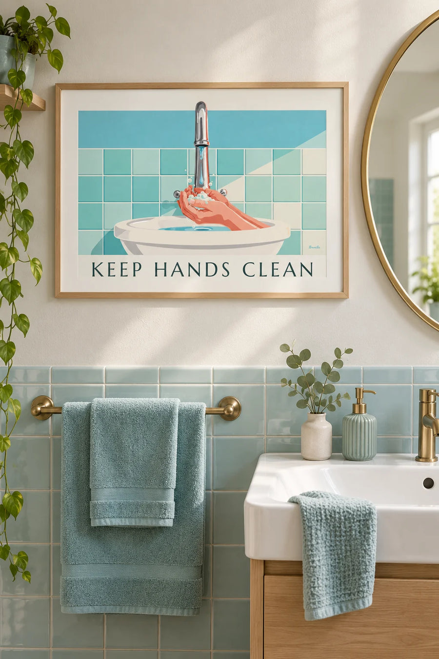 Poster ‘Keep hands clean’ over handen wassen: ingelijst aan de muur