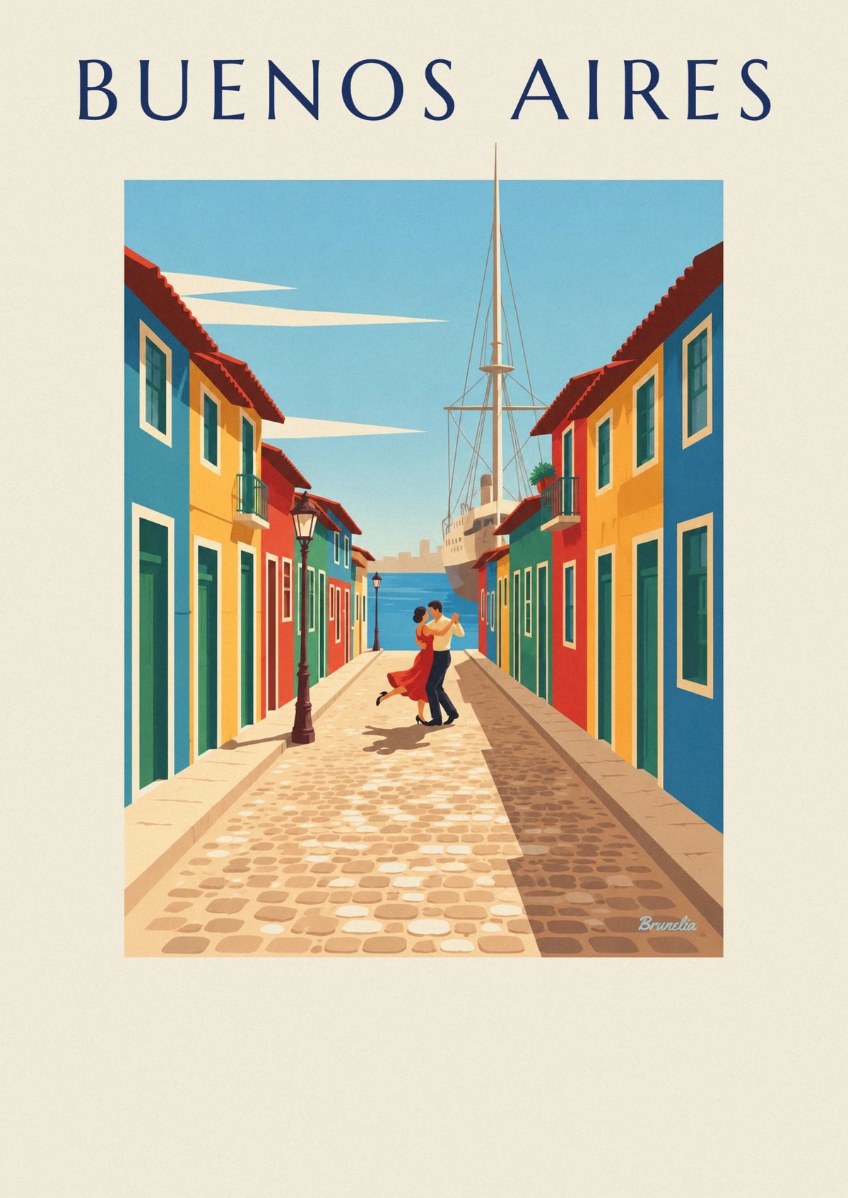 Colorful La Boca houses and Buenos Aires tango poster